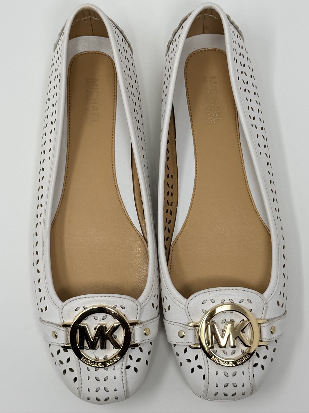 Michael Kors White Ballet Flats Summer Fulton Moc Perforated Leather Shoes Prep